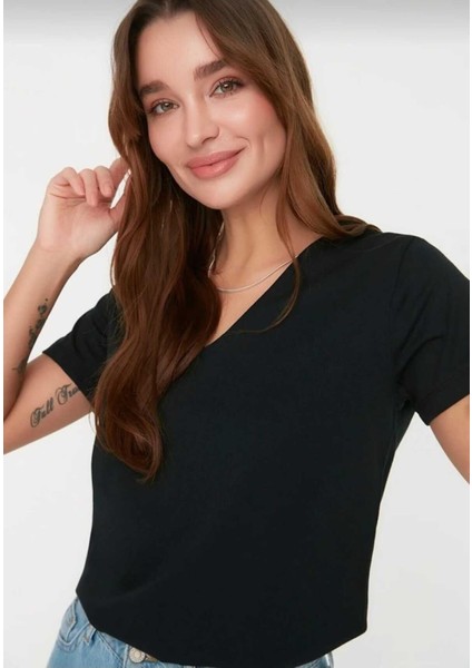 Süper Kalite Siyah V-Yaka Kadın Basic Tişört Örme Pamuk Penye T-Shirt
