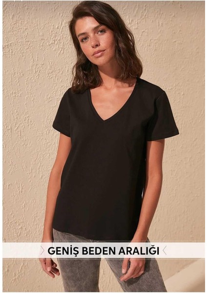 Süper Kalite Siyah V-Yaka Kadın Basic Tişört Örme Pamuk Penye T-Shirt indirimleri