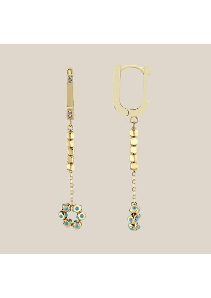 Minimal Mavi Mineli Altın Küpe