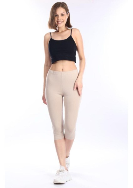 Süper Kalite Bej Penye Pamuklu Likralı Diz Altı Kapri Tayt Yüksek Bel