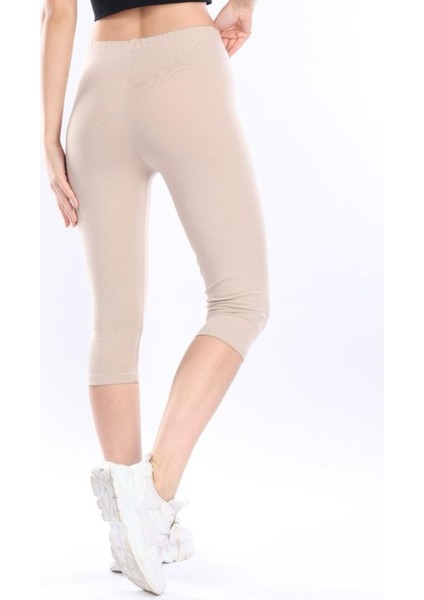 Süper Kalite Bej Penye Pamuklu Likralı Diz Altı Kapri Tayt Yüksek Bel fiyatları