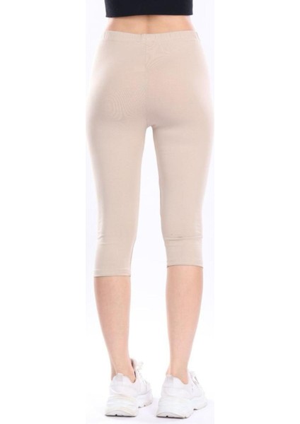 Süper Kalite Bej Penye Pamuklu Likralı Diz Altı Kapri Tayt Yüksek Bel fırsatları
