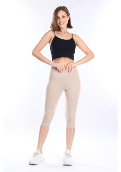 Süper Kalite Bej Penye Pamuklu Likralı Diz Altı Kapri Tayt Yüksek Bel indirimleri