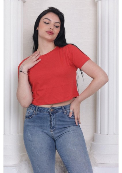 Süper Kalite Kadın Pamuk Penye Kırmızı Kısa Kol Crop Top indirimleri