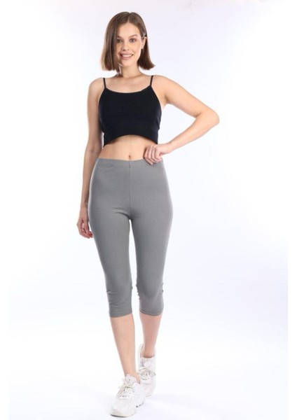 Süper Kalite Gri Penye Pamuklu Likralı Diz Altı Kapri Tayt Yüksek Bel