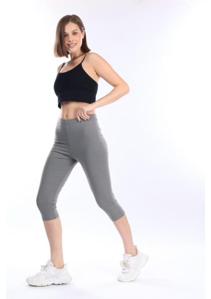 Süper Kalite Gri Penye Pamuklu Likralı Diz Altı Kapri Tayt Yüksek Bel modelleri