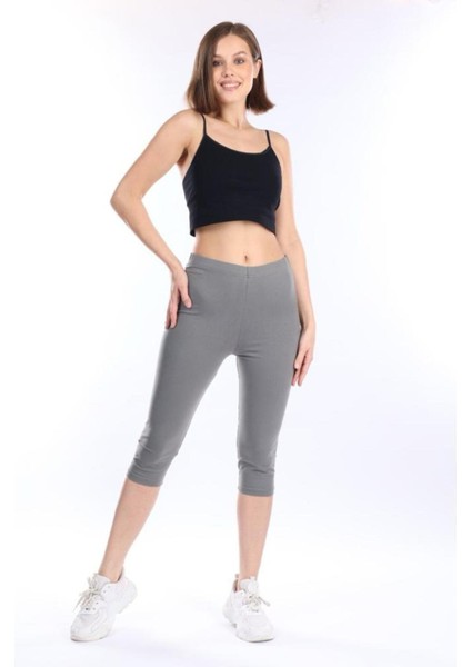 Süper Kalite Gri Penye Pamuklu Likralı Diz Altı Kapri Tayt Yüksek Bel indirimleri