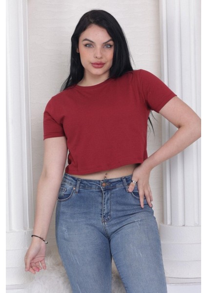 Süper Kalite Kadın Pamuk Penye Bordo Kısa Kol Crop Top fiyatları