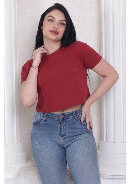 Süper Kalite Kadın Pamuk Penye Bordo Kısa Kol Crop Top modelleri