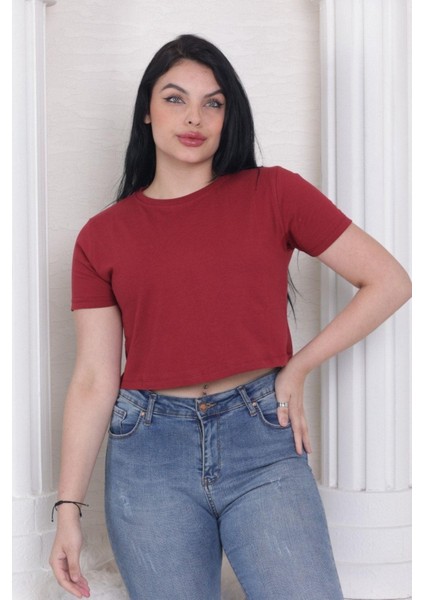 Süper Kalite Kadın Pamuk Penye Bordo Kısa Kol Crop Top fırsatları