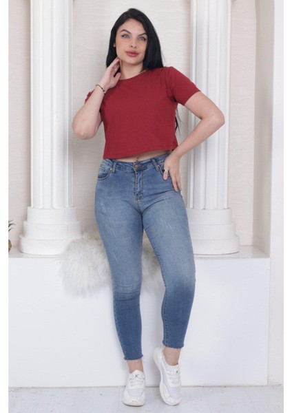 Süper Kalite Kadın Pamuk Penye Bordo Kısa Kol Crop Top indirimleri