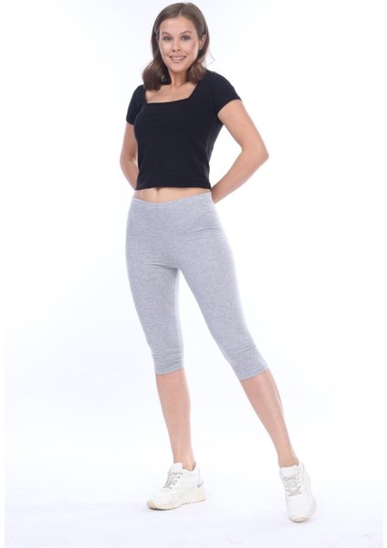 Süper Kalite Gri Melanj Penye Pamuklu Likralı Diz Altı Kapri Tayt Yüksek Bel