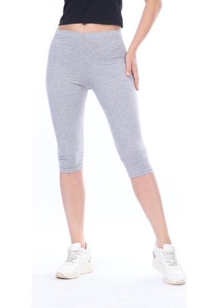 Süper Kalite Gri Melanj Penye Pamuklu Likralı Diz Altı Kapri Tayt Yüksek Bel modelleri