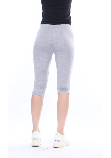 Süper Kalite Gri Melanj Penye Pamuklu Likralı Diz Altı Kapri Tayt Yüksek Bel fırsatları