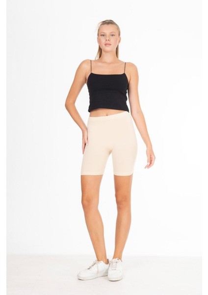 Süper Kalite Bej Penye %100 Pamuklu Likralı Diz Üstü Şort Biker Tayt Yüksek Bel