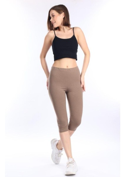 Süper Kalite Vizon Penye Pamuklu Likralı Diz Altı Kapri Tayt Yüksek Bel