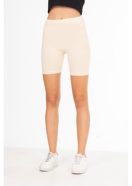 Süper Kalite Bej Penye %100 Pamuklu Likralı Diz Üstü Şort Biker Tayt Yüksek Bel fırsatları