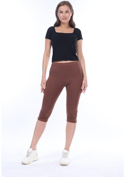 Süper Kalite %100 Pamuk Kahve Rengi Penye Likralı Diz Altı Kapri Tayt Yüksek Bel
