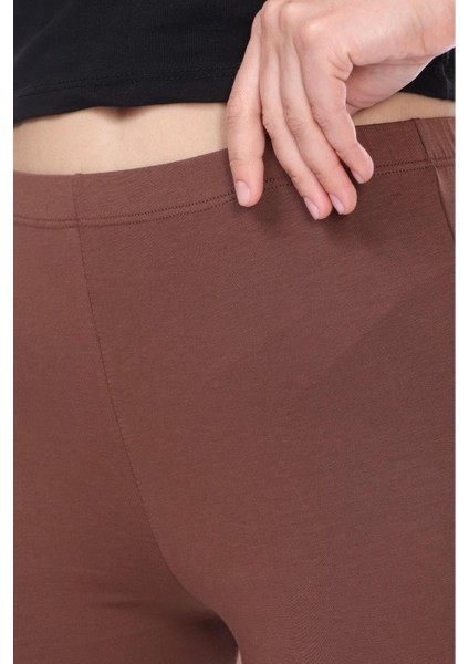 Süper Kalite %100 Pamuk Kahve Rengi Penye Likralı Diz Altı Kapri Tayt Yüksek Bel fiyatları