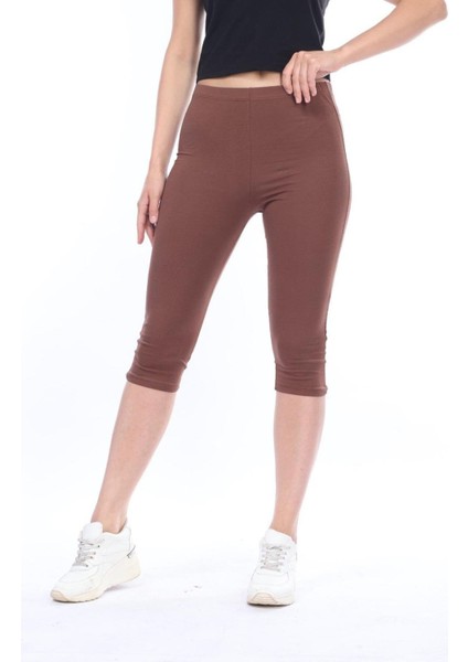 Süper Kalite %100 Pamuk Kahve Rengi Penye Likralı Diz Altı Kapri Tayt Yüksek Bel modelleri