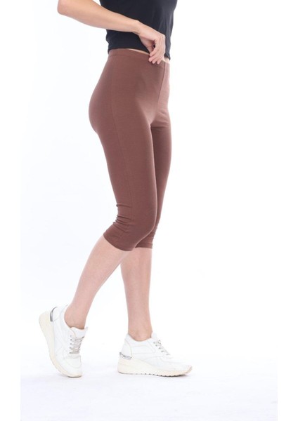 Süper Kalite %100 Pamuk Kahve Rengi Penye Likralı Diz Altı Kapri Tayt Yüksek Bel fırsatları