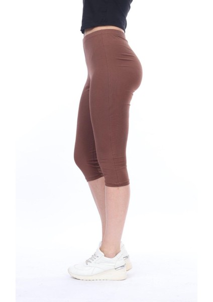 Süper Kalite %100 Pamuk Kahve Rengi Penye Likralı Diz Altı Kapri Tayt Yüksek Bel indirimleri