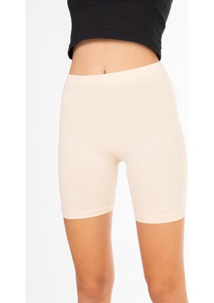 Süper Kalite Bej Penye Pamuklu Likralı Diz Üstü Şort Biker Tayt Yüksek Bel fiyatları