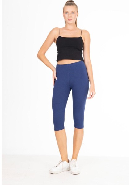 Süper Kalite Indigo Penye Pamuklu Likralı Diz Altı Kapri Tayt Yüksek Bel