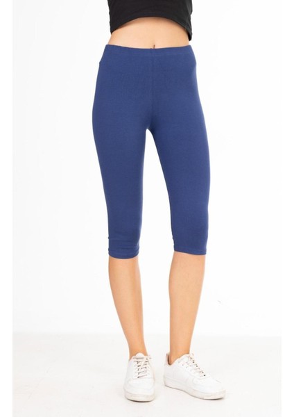 Süper Kalite Indigo Penye Pamuklu Likralı Diz Altı Kapri Tayt Yüksek Bel fiyatları