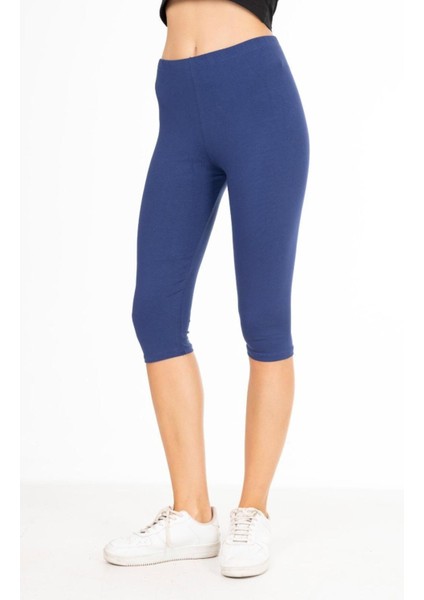 Süper Kalite Indigo Penye Pamuklu Likralı Diz Altı Kapri Tayt Yüksek Bel modelleri