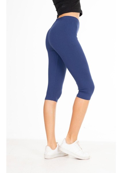 Süper Kalite Indigo Penye Pamuklu Likralı Diz Altı Kapri Tayt Yüksek Bel fırsatları