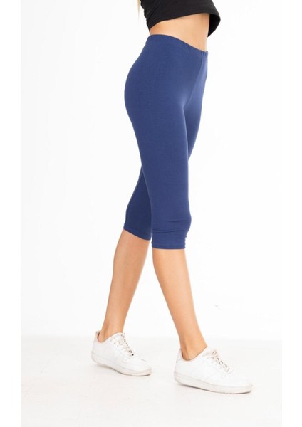 Süper Kalite Indigo Penye Pamuklu Likralı Diz Altı Kapri Tayt Yüksek Bel indirimleri