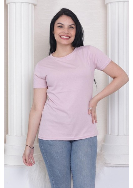 %100 Pamuk Süper Kalite Kadın Tişört Düz Renk Pembe Bisiklet Yaka Organik Pamuk Penye T-Shirt