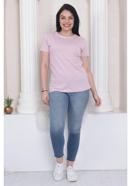%100 Pamuk Süper Kalite Kadın Tişört Düz Renk Pembe Bisiklet Yaka Organik Pamuk Penye T-Shirt modelleri