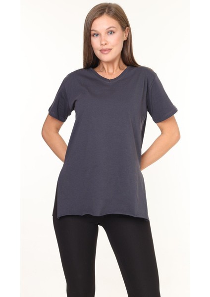 %100 Pamuk Kadın Füme V Yaka Yanı Yırtmaçlı Asimetrik Penye Pamuk Örme T-Shirt Tişört Tunik fiyatları