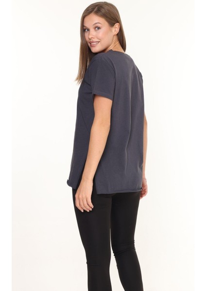 %100 Pamuk Kadın Füme V Yaka Yanı Yırtmaçlı Asimetrik Penye Pamuk Örme T-Shirt Tişört Tunik fırsatları