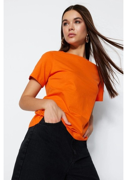 %100 Pamuk Oranj Süper Kalite Kadın Tişört Bisiklet Yaka Organik Pamuk Penye T-Shirt Turuncu Orange