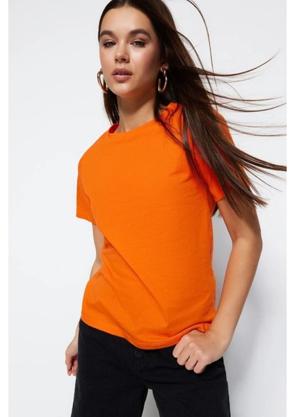 %100 Pamuk Oranj Süper Kalite Kadın Tişört Bisiklet Yaka Organik Pamuk Penye T-Shirt Turuncu Orange fiyatları