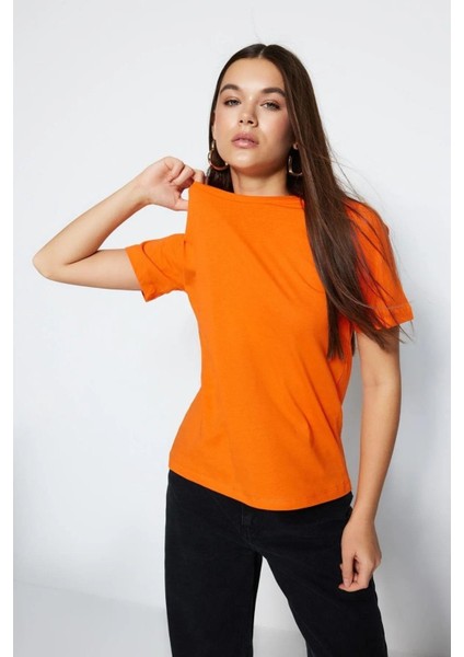 %100 Pamuk Oranj Süper Kalite Kadın Tişört Bisiklet Yaka Organik Pamuk Penye T-Shirt Turuncu Orange modelleri