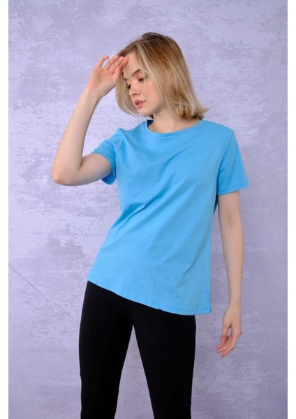 %100 Pamuk Kadın Tişört Düz Renk Turkuaz Bisiklet Yaka Penye T-Shirt