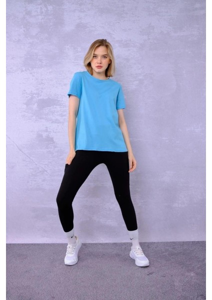 %100 Pamuk Kadın Tişört Düz Renk Turkuaz Bisiklet Yaka Penye T-Shirt fiyatları