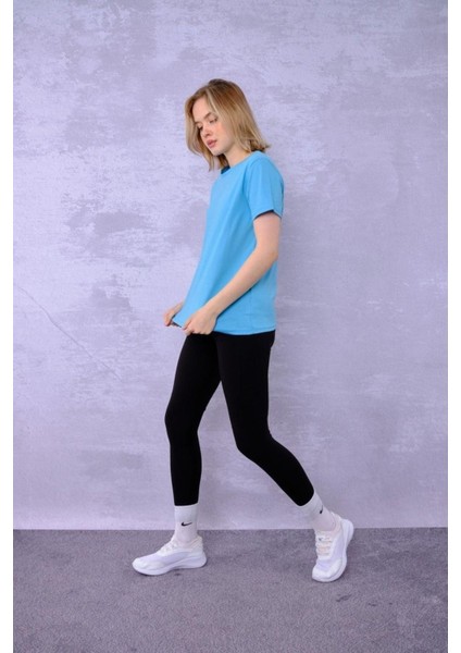 %100 Pamuk Kadın Tişört Düz Renk Turkuaz Bisiklet Yaka Penye T-Shirt modelleri