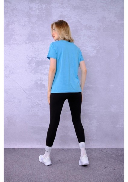 %100 Pamuk Kadın Tişört Düz Renk Turkuaz Bisiklet Yaka Penye T-Shirt fırsatları