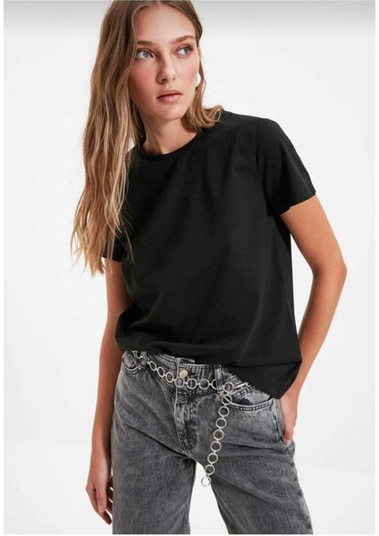 %100 Pamuk Süper Kalite Kadın Tişört Düz Renk Siyah Bisiklet Yaka Organik Pamuk Penye T-Shirt indirimleri