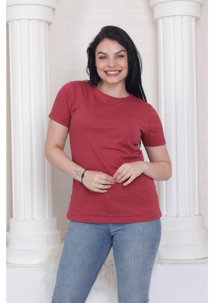 %100 Pamuk Süper Kalite Kadın Tişört Düz Renk Bordo Bisiklet Yaka Organik Pamuk Penye T-Shirt