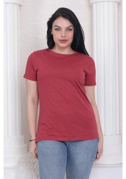 %100 Pamuk Süper Kalite Kadın Tişört Düz Renk Bordo Bisiklet Yaka Organik Pamuk Penye T-Shirt fiyatları
