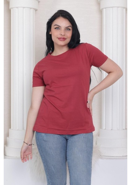 %100 Pamuk Süper Kalite Kadın Tişört Düz Renk Bordo Bisiklet Yaka Organik Pamuk Penye T-Shirt fırsatları