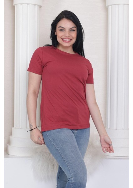 %100 Pamuk Süper Kalite Kadın Tişört Düz Renk Bordo Bisiklet Yaka Organik Pamuk Penye T-Shirt indirimleri
