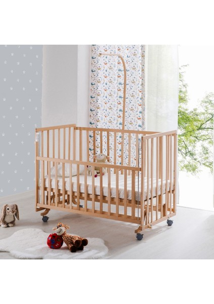 Bw 6050 - Tekerlekli Sallanır Sabitlenir Kademeli Anne Yanı Ahşap Bebek Beşik 70X130