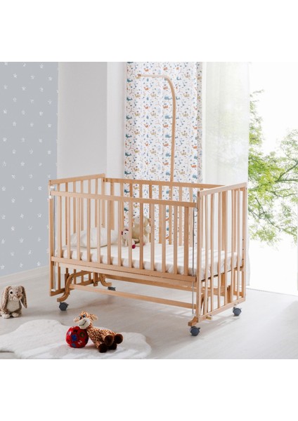 Bw 6050 - Tekerlekli Sallanır Sabitlenir Kademeli Anne Yanı Ahşap Bebek Beşik 70X130
